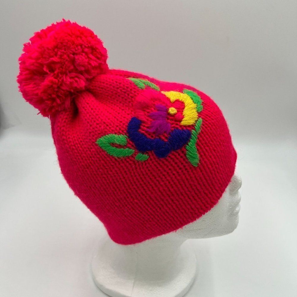 Obermeyer Pink Embroidered Flower Wool Blend Knit Juniors Beanie